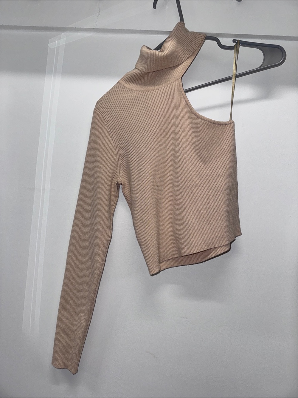 One-Shoulder Turtleneck Knit Top - Beige